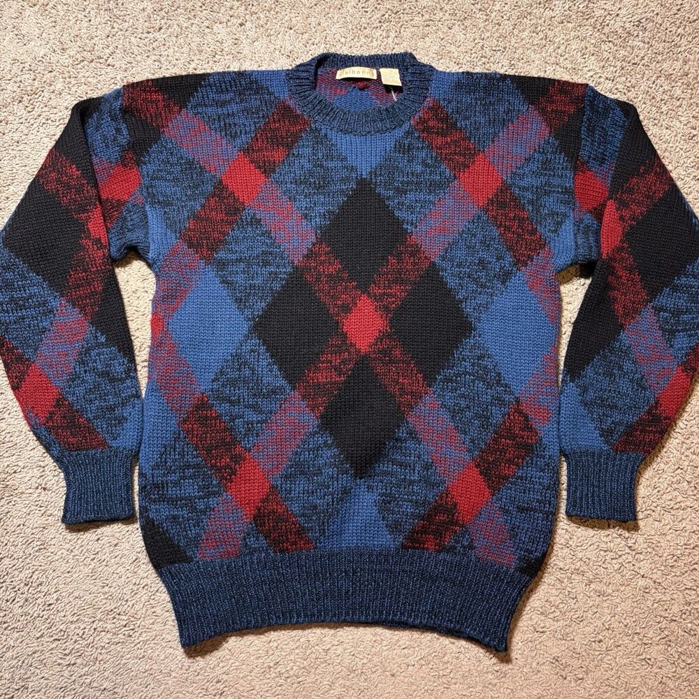 Vintage Claiborne Knit Wool Sweater Adult Large Blue Red Argyle Diamond Pattern